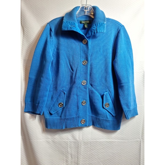 LRL Ralph Lauren Knit Cardigan Sweater Sz M Royal Blue Preppy Classic Career 3/4 - Picture 1 of 7